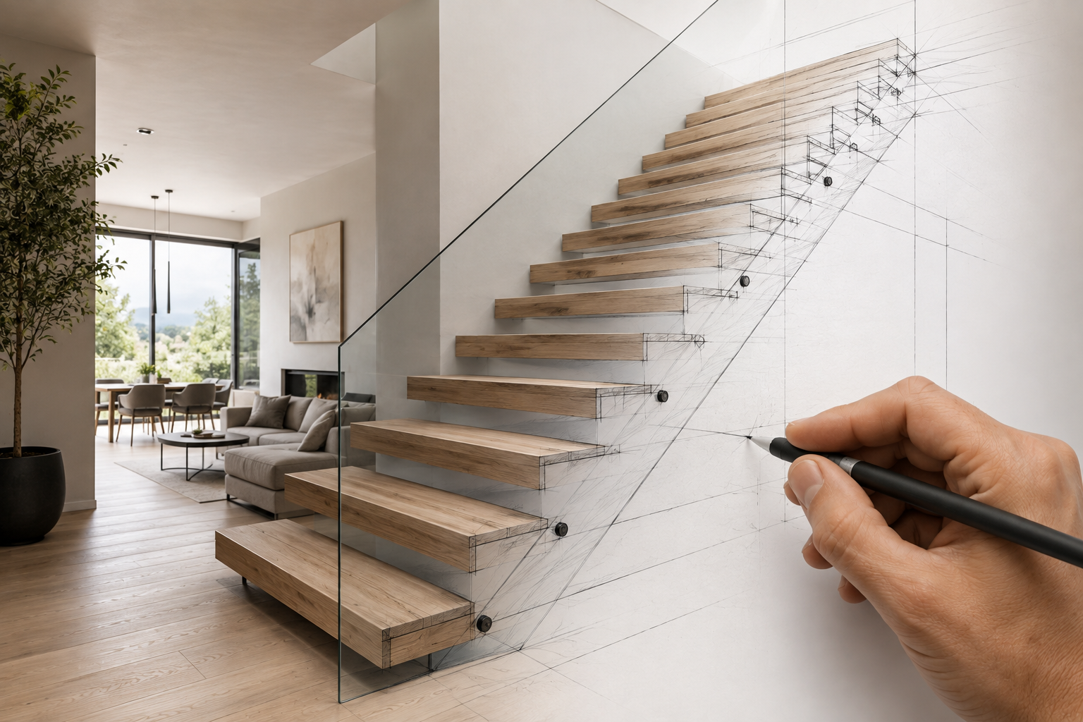 Kunde som designer sin egen trapp med glass, stål og tre, tilpasset hjemmets stil og planløsning